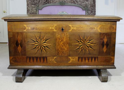 An Antique Dutch Inlaid Marquetry Oak Marriage Chest