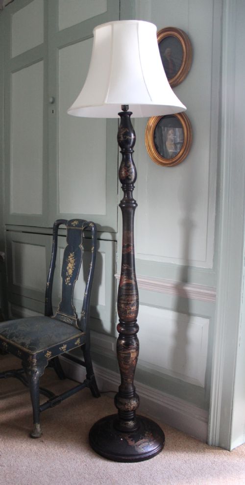 A Chinoiserie Decorated Black Lacquer Standard Lamp