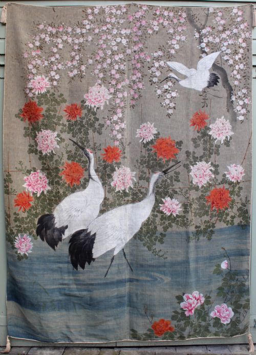 Large Antique Japanese Hand Painted Wall Hanging