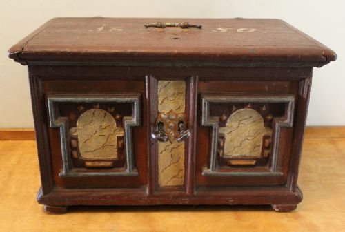 17th Century North European Painted Pine Table Top Box Casket
