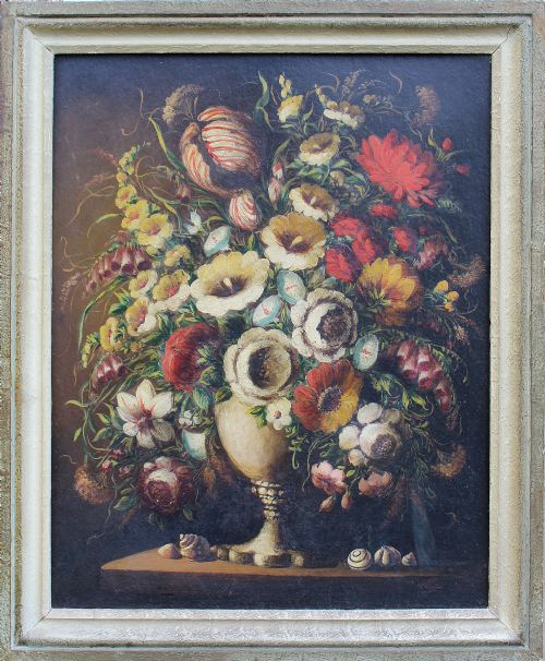 Still Life of a Vase of Flowers in 17th Century Style, Oil on Board, Signed Rima, Circa 1950s