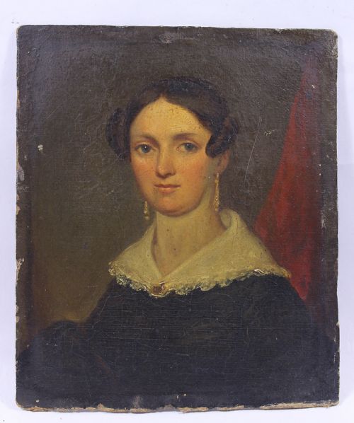 Victorian Oil Portait of a Lady in a Lace Trimmed Collar