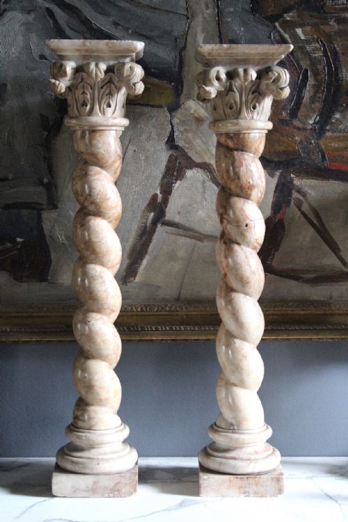 Pair of Marble Solomonic Columns with Corinthian Capitals