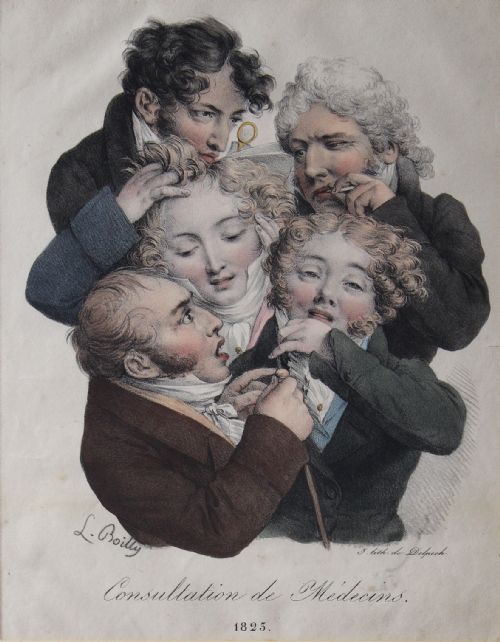 fig 1. Boilly - Consultation de Medecins, hand coloured lithograph, 1823