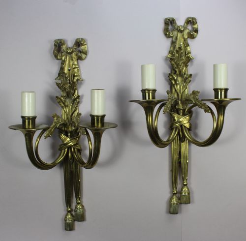 Pair of Louis Xvi Gilt Brass Wall Lights Cast with Ribbon Tied Tassels