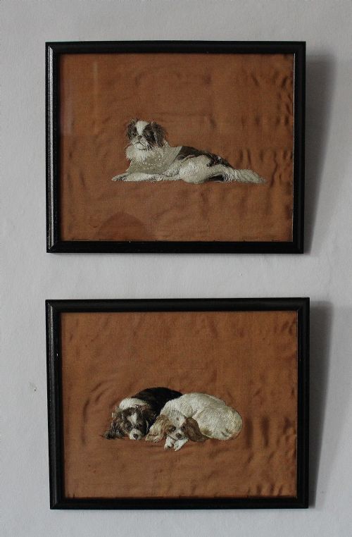 Pair of Japanese Meiji Silkwork Picture of Dogs