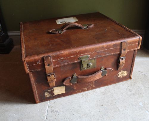 Antique Brass Mounted Brown Leather Suitcase
