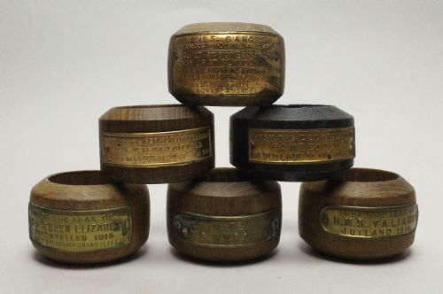 Six Teak Napkin Rings of Naval Interest