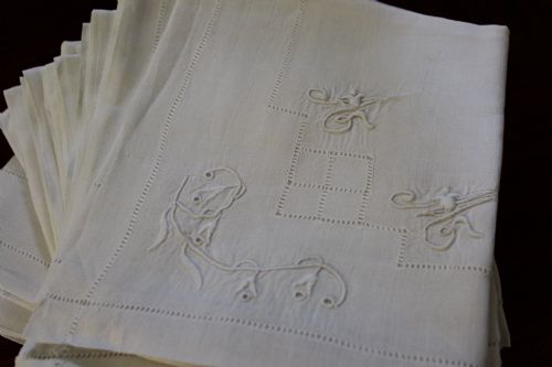 11 Antique French Monogrammed White Linen Dinner Napkins