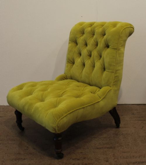 Antique Button Back Chartreuse Velvet Slipper Chair