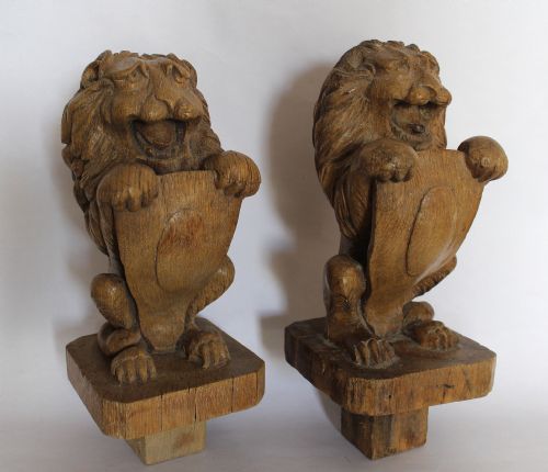 Pair of Carved Oak Lion Newel Post Finials / Corbels