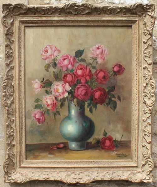 Still Life of Roses in a Vase, Oil on Canvas