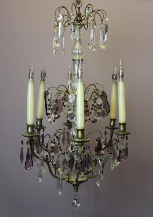French Amethyst and Clear Glass Six Branch Chandelier