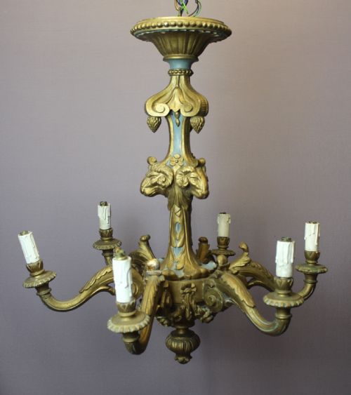Italian Carved Gilt Wood Chandlier with Ram's Head Decoration