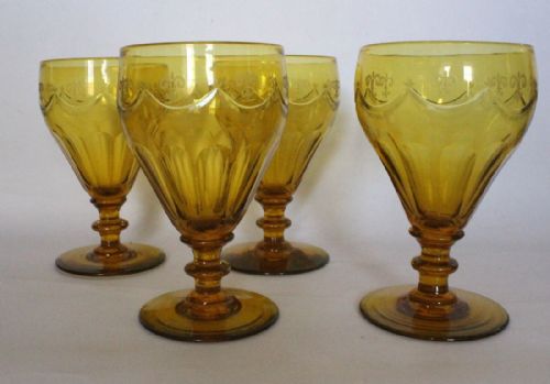 Four Large Antique Amber Glass Wine Glasses / Rummers