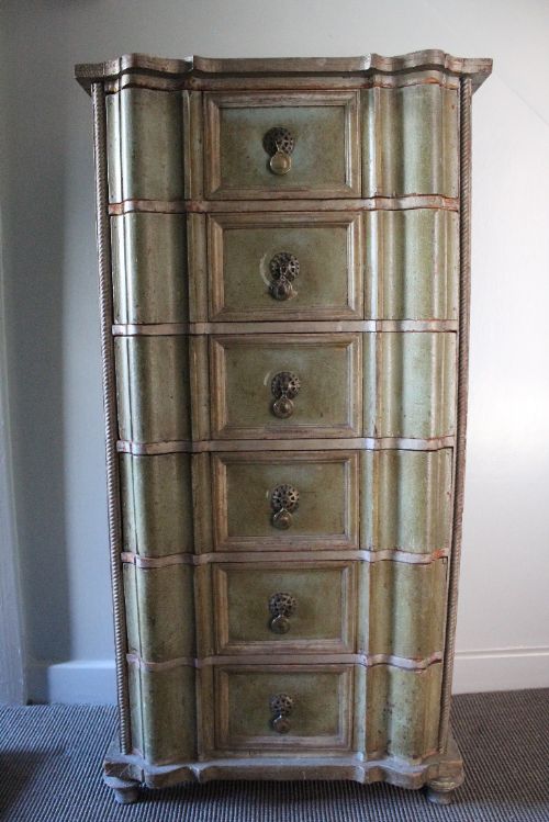 Spanish Green Painted Serpentine Shaped Tall Chest of Drawers / Tallboy