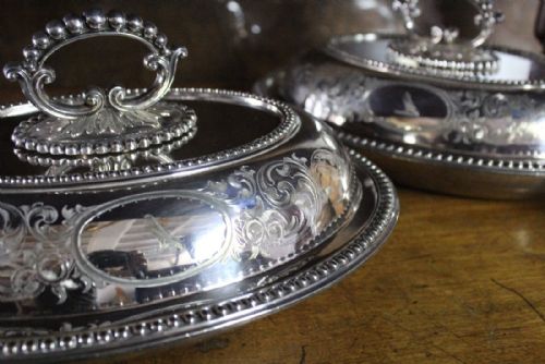 Pair of Victorian Silver Plated Crested Entree Dishes / Tureens