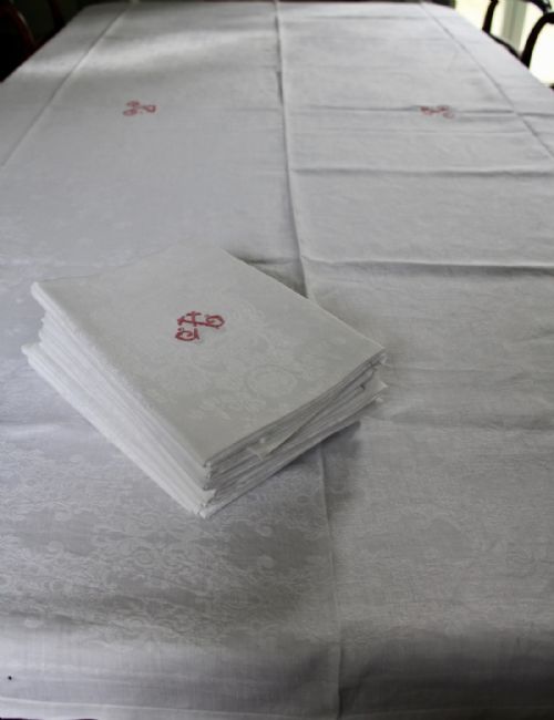Antique French Monogrammed Damask Tablecloth & 12 Napkins