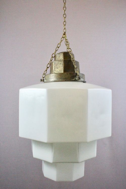 Large Art Deco White Opaline Glass Ceiling Light