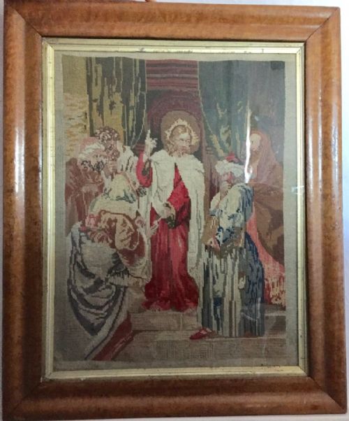 Large Victorian Woolwork Picture with Glazed Burr Walnut Frame.