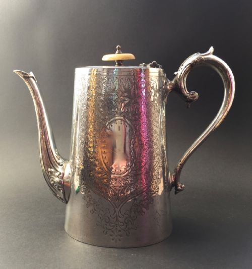 fig 1. Antique Victorian Engraved Silver Plated Coffee Pot