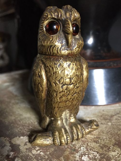 Continental Gilt Bronze Owl Inkwell