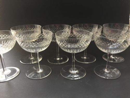 Set of 8 Edwardian Cut Glass Champagne Coupes / Glasses