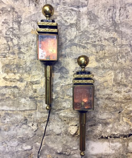 Pair of Antique Brass & Toleware Coaching Lanterns / Coach Lamps