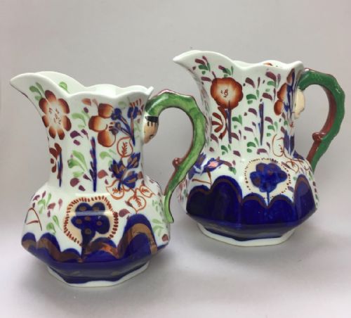 Two Allertons 'Gaudy Welsh' Snake Handled Jugs in Imari Palette