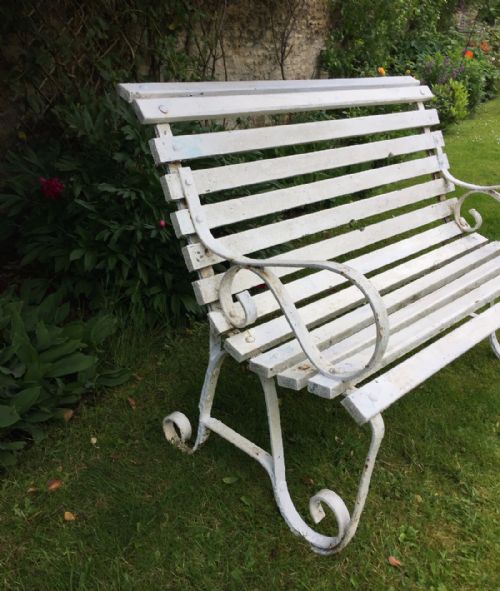 Small Edwardian Wrought Iron & Slatted Wood Garden Bench