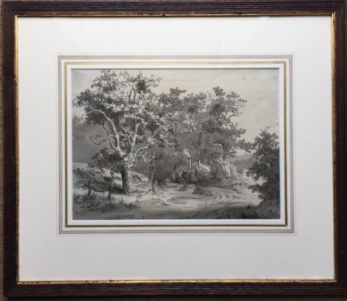 Joseph Barber, Rural Landscape with Cottage, Pen and Ink and Wash Drawing.