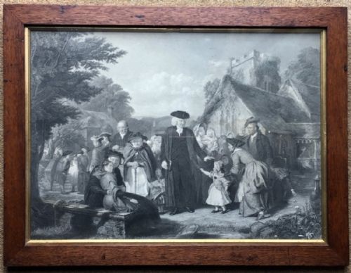 19th Century Framed Stipple Engraving of John Wesley and Followers Outside a Parish Church
