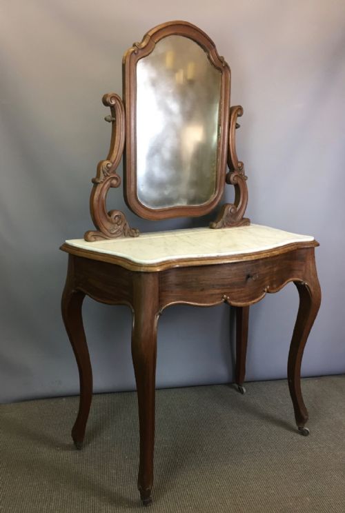 Antique French Walnut Dressing Table with Swing Mirror Plate and Marble Top