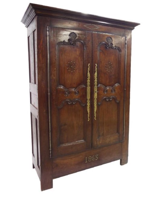 Provincial French Inlaid Oak & Fruitwood Armoire with Punchwork Brass Escutcheons