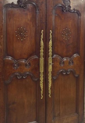 fig 1. Provincial French Inlaid Oak & Fruitwood Armoire with Punchwork Brass Escutcheons