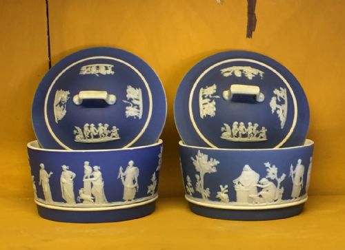 fig 1. Pair of Wedgwood blue jasper dip butter tubs and covers circa 1905