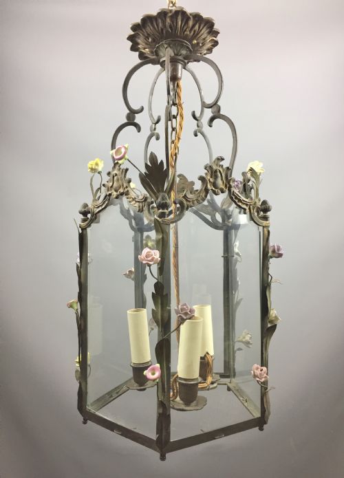 Italian / French Gilt Metal Hall Lantern Encrusted with Porcelain Flowers