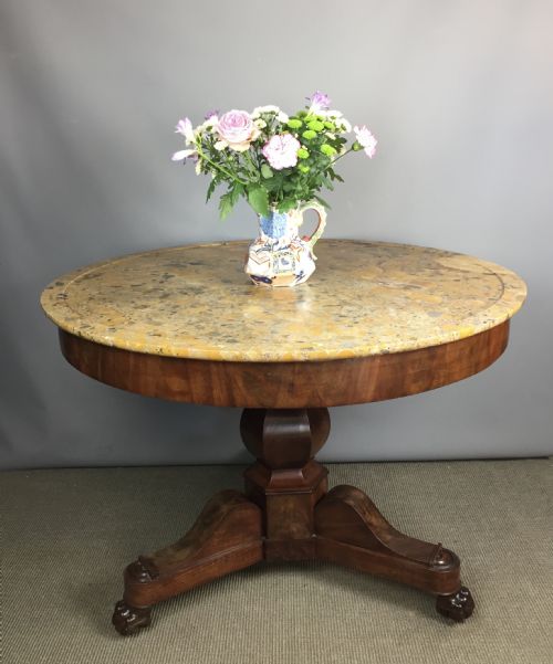 Antique French Mahogany Gueridon with Fossil Stone Marble Top