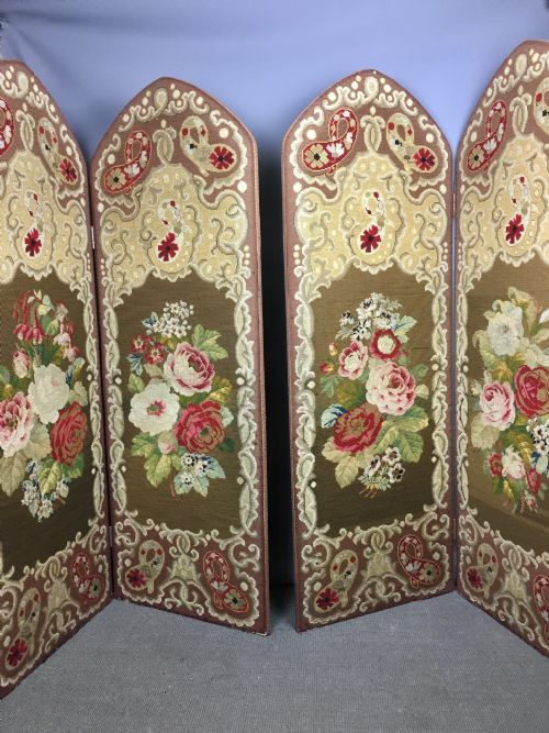 Pair of Victorian Woolwork Needlepoint Folding Screens / Room Dividers