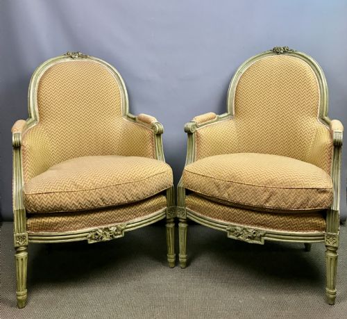 Pair of French Louis Xvi Style Painted Bergere Armchairs