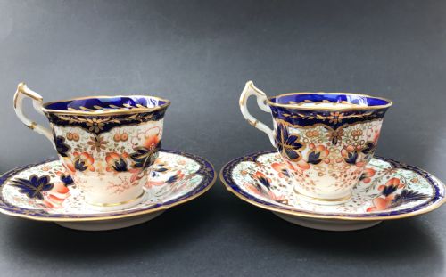 fig 1. Pair of Antique Staffordshire Porcelain Coffee Cups & Saucers in Imari Pattern