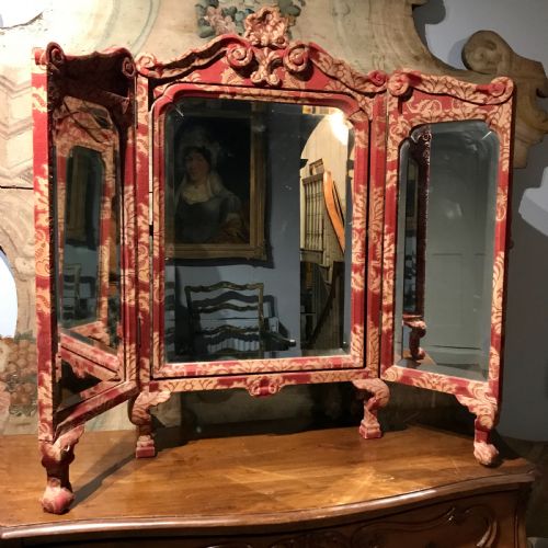 Antique Damask Fabric Covered Triptych Dressing Mirror in 17th Century Style