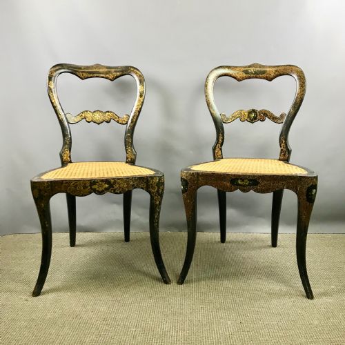 Pair of Victorian Japanned Chairs with Gilt Foliate Decoration