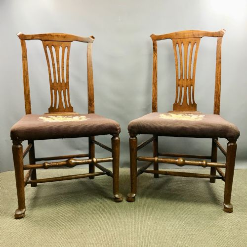 Pair of Country Georgian Oak Chairs with Woolwork Seats