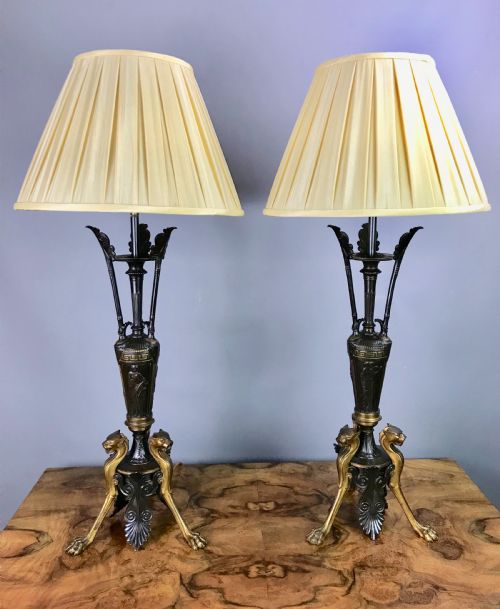 Pair of French Bronze & Gilt Neo-classical Table Lamps