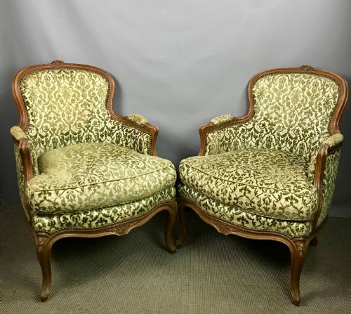 Pair of French Walnut Louis Xv Style Bergere Armchairs