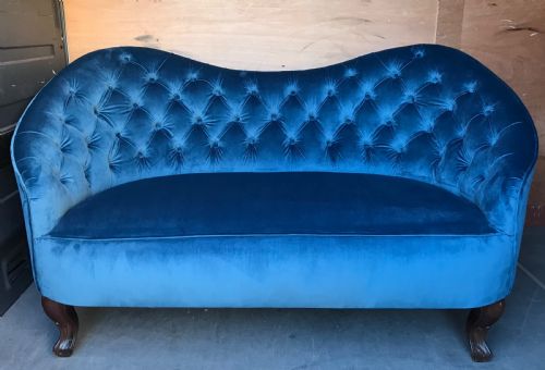 French Napoleon III Button Back Two Seat Sofa Upholstered in Deep Blue Velvet