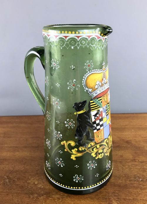 fig 1. Bohemian enamelled green glass jug in Historismus style with Coat of Arms
