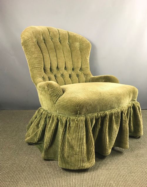 Small Victorian Button Back Armchair Upholstered in Green Corduroy