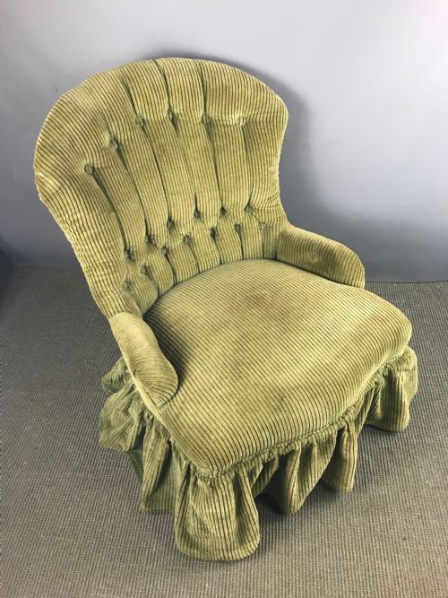 fig 1. Small Victorian button back armchair upholstered in green corduroy